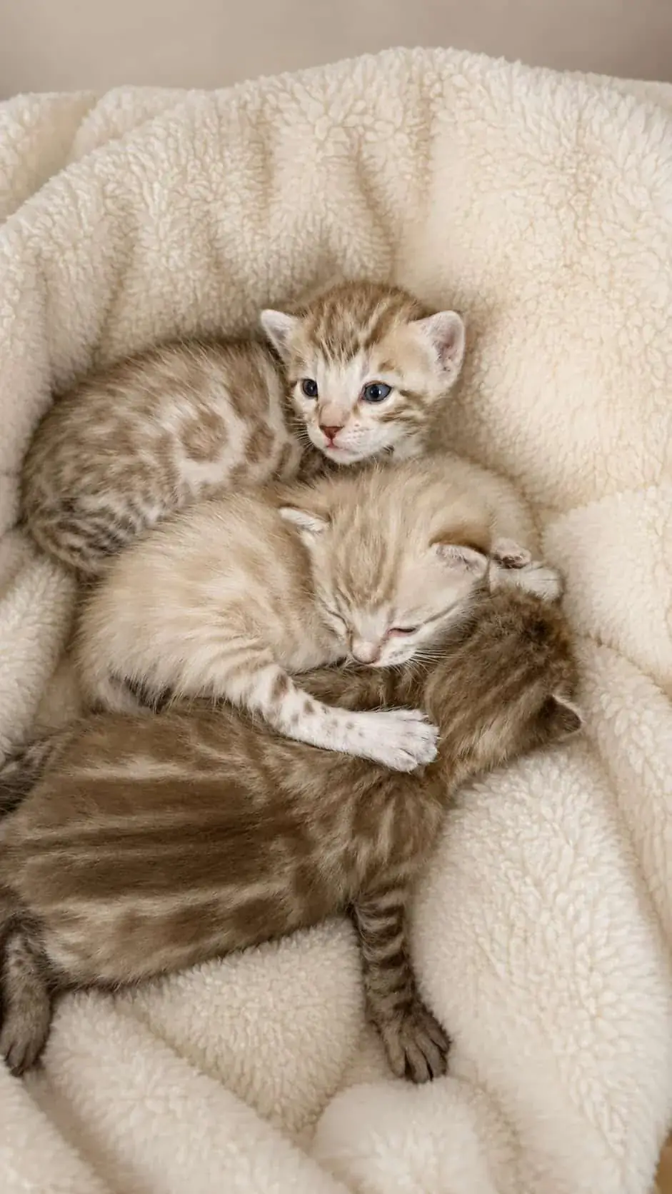 Zwei Bengalkitten schlafen übereinander gelegt in ihrem Bettchen