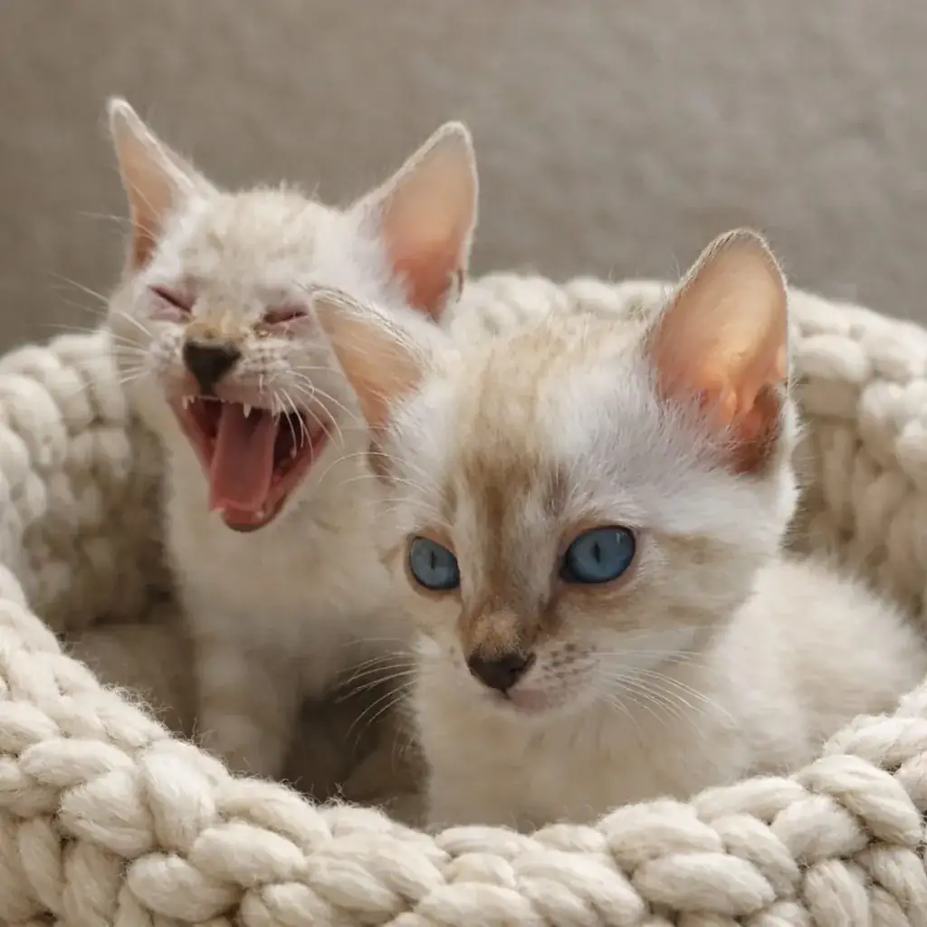 Zwei Snow-Bengalkitten liegen eng aneinandergekuschelt