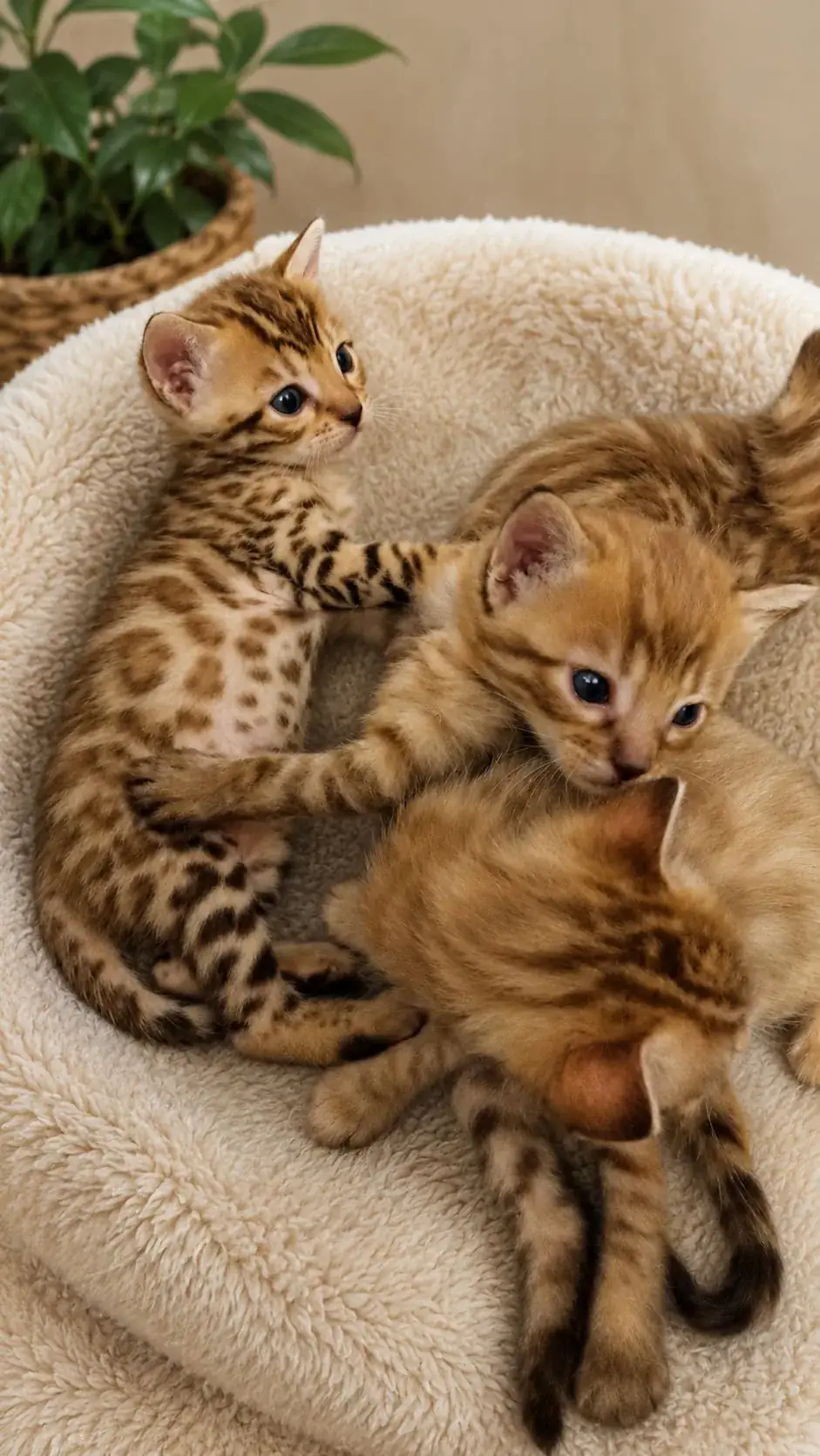 Vier Bengalkitten liegen dicht aneinander in ihrem Kuschelbett