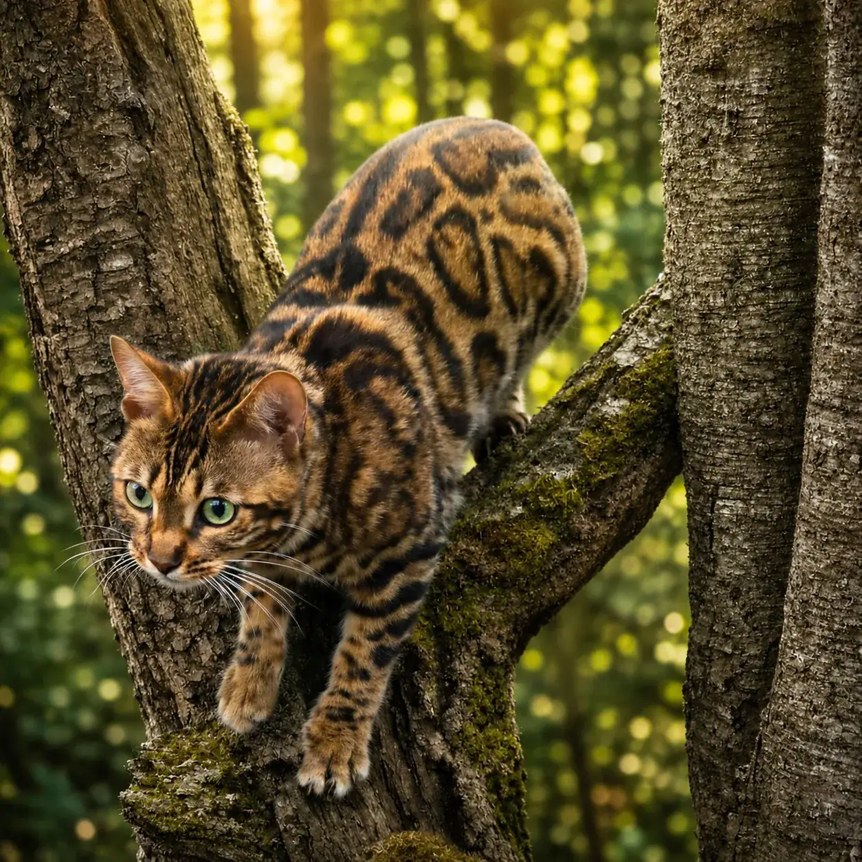 Braun gefleckte Bengalkatze klettert im Gegenlicht über einen Ast in einem sommerlichen Obstbaum