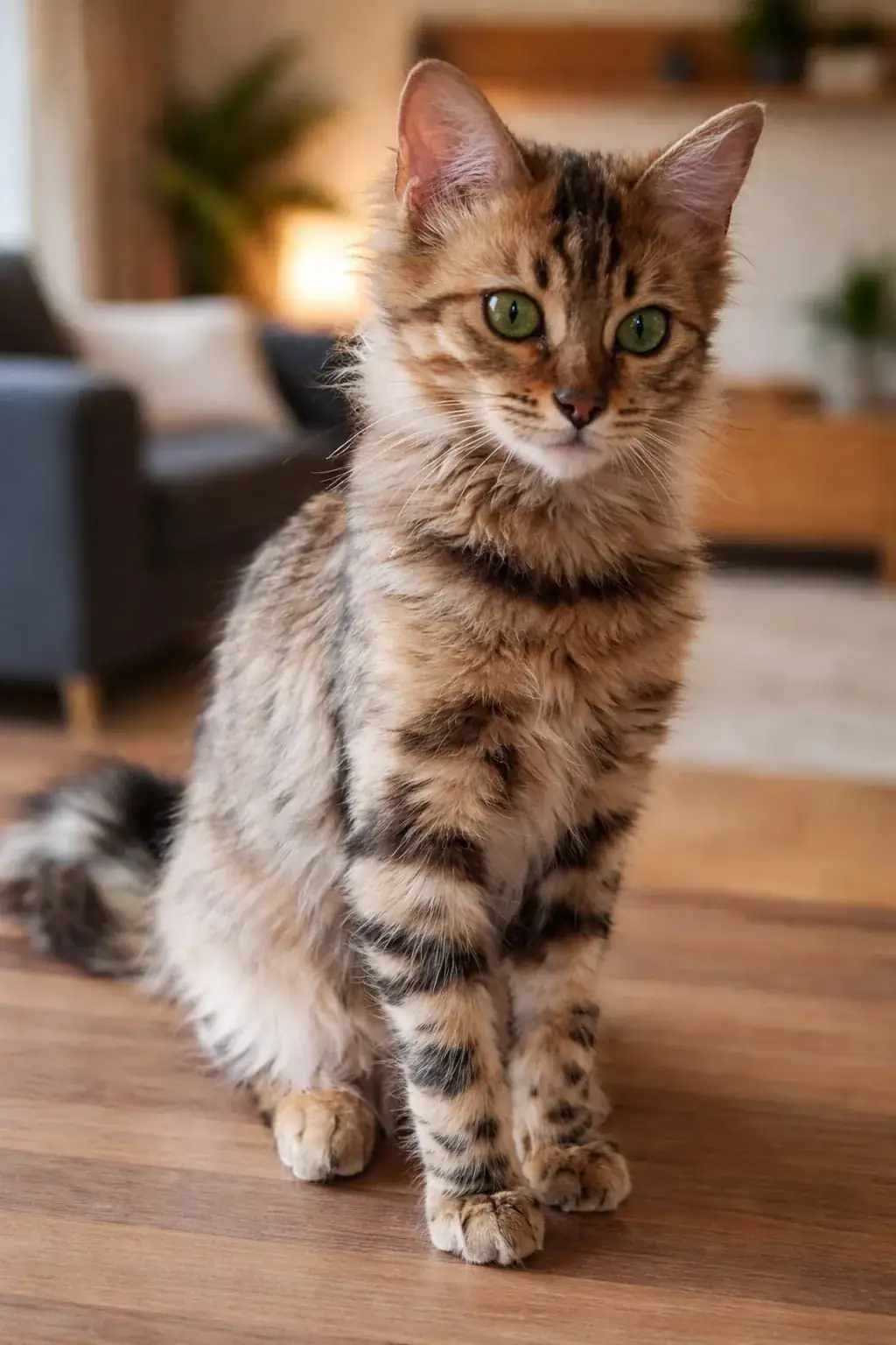 Junge Bengalkatze erkundet aufmerksam ein Wohnzimmer
